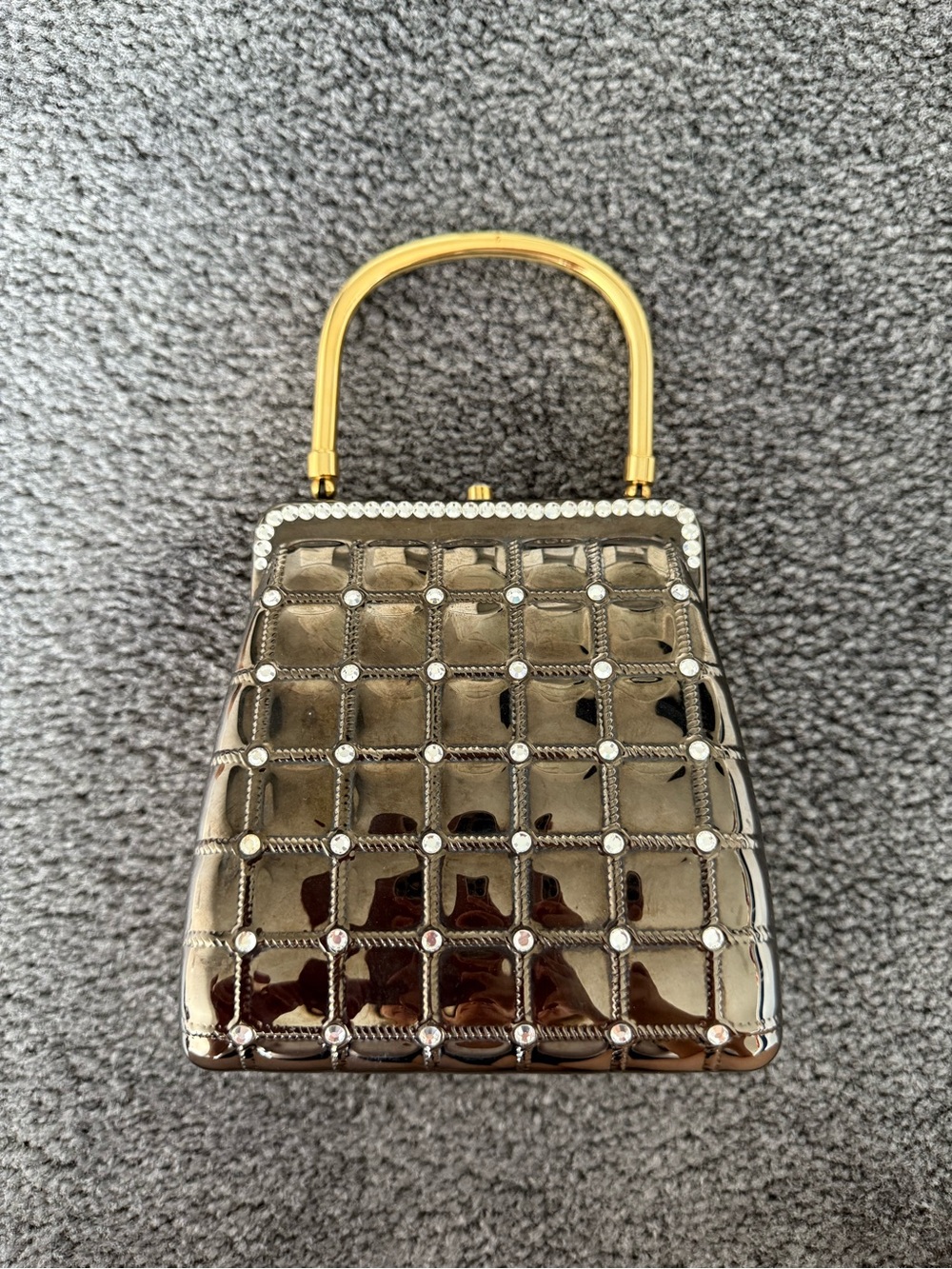 Metallic Bronze Quilted Evening Top-Handle Bag with Rhinestones